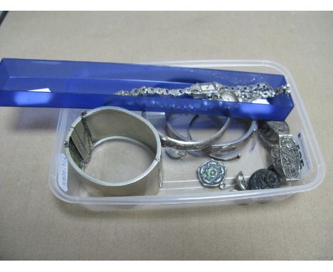 Two Art Deco Marcasite Set Ladies Cocktail Wristwatches, each highly decorative on openwork bracelet; a wide Victorian hinged