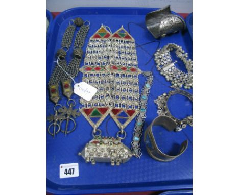 An Antique Style Moroccan Fibula Set, overall length 72cm; a large Middle Eastern necklace with central scroll holder style c
