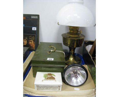 An 'Aladdin 23' Oil Lamp with Milk Glass Shade, a Jute motor cycle light with bracket, safety tin, illustrated catalogue of t