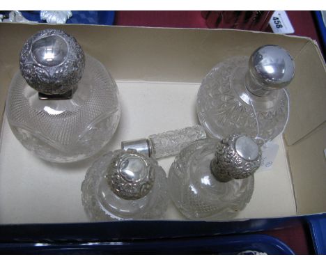 Four Halmarked Silver Topped Cut Class Globular Scent Bottles, (damages) etc.