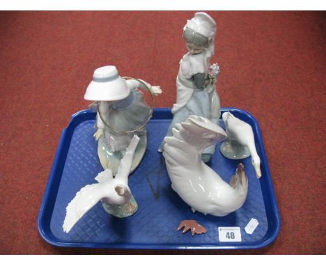 Lladro Cockerel and Flapping Goose, (damages), Lladro Goose, Nao Girl with Juggling Ring and Girl Concealing Flowers.