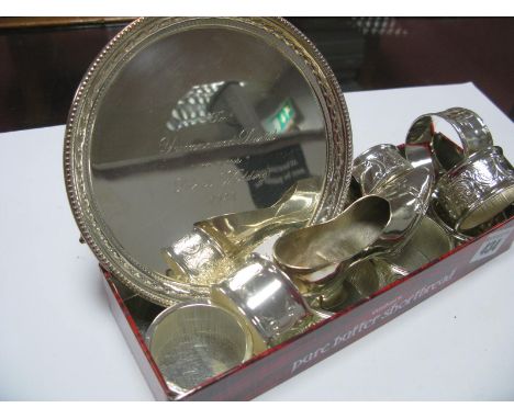 A Pair of Hallmarked Silver Napkin Rings, "1963-88 Yvonne" " 1963-88 David"; a set of six plated napkin rings, plated card tr