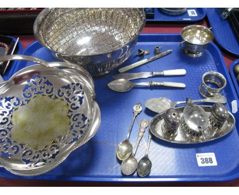 A Small Hallmarked Silver Twin Handled Footed Dish, a hallmarked silver napkin ring, cruet on tray, plated rose bowl, mother 