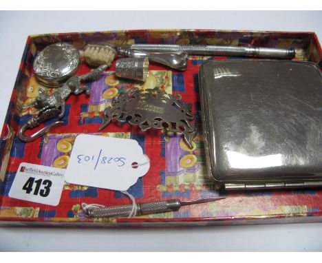 A Hallmarked Silver Engine Turned Toothpick, a plated cigarette case; a hallmarked silver thimble, a napkin holder, engine tu