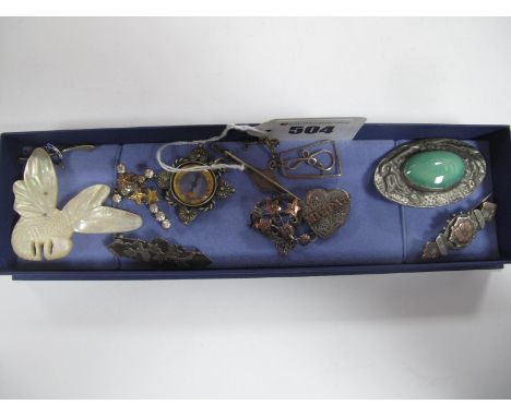Ruskin Style Ceramic Panel Brooch, Mizpah brooch, compass pendant, mother of pearl hornet type brooch etc. 
