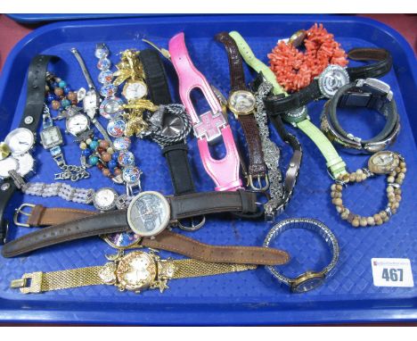 A Selection of Ladies Wristwatches, including a Loucoral wristwatch, with coral coloured twig style bracelet, a novelty keybo