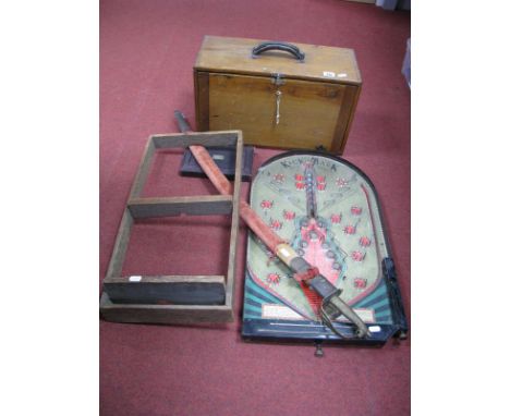 Oak Tool Box, having fall front and three inner drawers, Indian sword, Kick-back Bagatelle, geometry set.