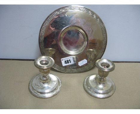A Pair of Hallmarked Silver Dwarf Candlesticks, each with reeded decoration (weighted) 8cm high; a JS&amp;S plated dish stand