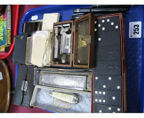 Super Chromonica, dominoes, cigarette silks, Wilkinson Sword razor, Ronson lighter, "Onoto" patent self filling pen, etc:- On