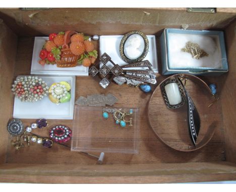 Decorative Pins, vintage costume brooches, dainty turquoise set drop earrings, copper bangle, "Nellie" brooch, pendant on cha