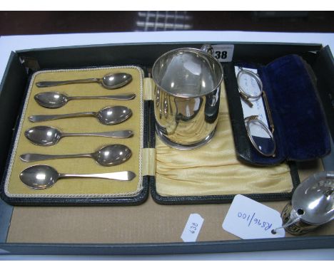 A Hallmarked Silver Christening Mug, "To Laurie From Her Godmother Aug 9th 1923"; a set of six hallmarked silver coffee spoon