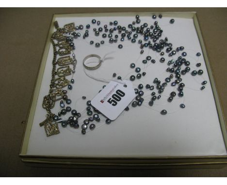 A "9ct Sil" Band, a "floating" pearl necklace, vintage charm style bracelet. (3)