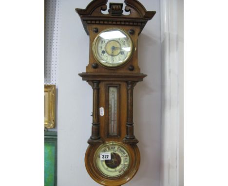 An Early XX Century Mahogany Cased Wall Clock, ivorine chapter ring, under broken arch pediment, with thermometer/barometer b