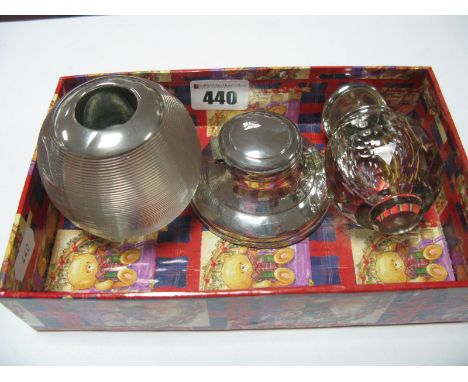 A Hallmarked Silver Inkwell, of capstan style (weighted); a hallmarked silver mounted globular glass match strike (damages) a