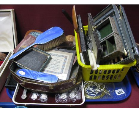 Assorted Plated Cutlery, hallmarked silver and enamel backed brushes (damaged), wooden boxes, vintage tin, etc.