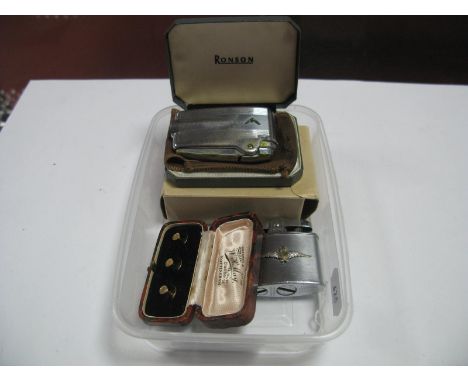 A Set of Three Vintage Gent's Dress Studs, stamped "9ct", in original fitted case; a Ronson lighter bearing RAF wings and ano