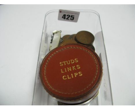 Vintage "Studs Links Clips" Pot, assorted coins, mini folding pocket knife with mother of pearl.
