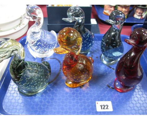 Six Whitefriars Glass Duck Figures, with internal controlled bubble inclusions, colours include, flint, ruby red, tangerine, 
