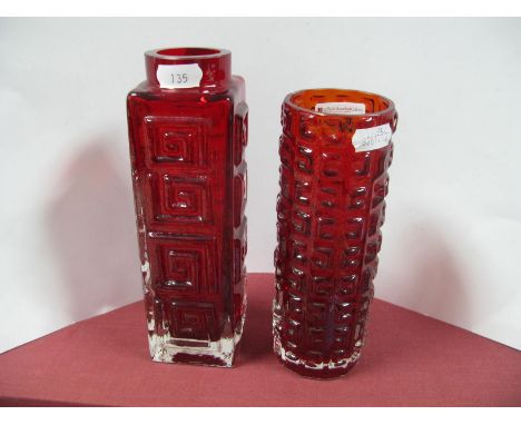 A Geoffrey Baxter for Whitefriars Ruby Red Textured Square Section Vase, with 'Greek Key' design, circular neck, 20cm high, a