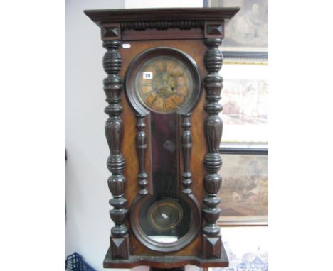A Circa 1900 Mahogany Cased Eight Day Wall Clock, central dial with cast brass Art Nouveau Roundal, Roman numerals, all flank