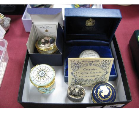 A Halcyon Days 'Old World Map' Enamel Lidded Cylindrical Box, with hinged compass cover, a 'Happy Birthday' enamel box, a Sew