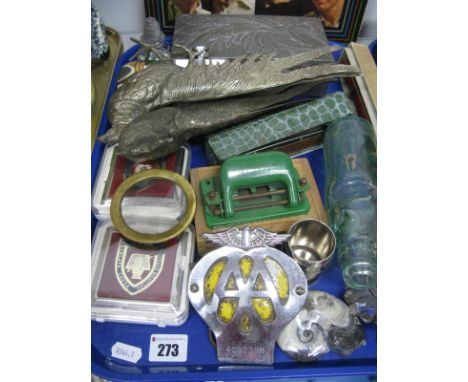 Cod Bottle, AA Badge, harmonica, white metal pheasant, wooden recorder, hip flask, etc:- One Tray