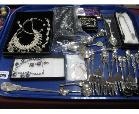 A Modern Bangle Stamped "925"; Middle Eastern Necklace and Earrings, cake forks and spoons, Kings pattern sugar tongs, earrin