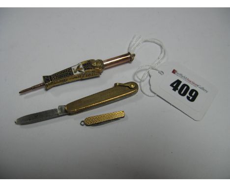 A Novelty Vintage Sliding Pencil, of Egyptian style with enamel highlights; a small single blade folding pocket knife and a m