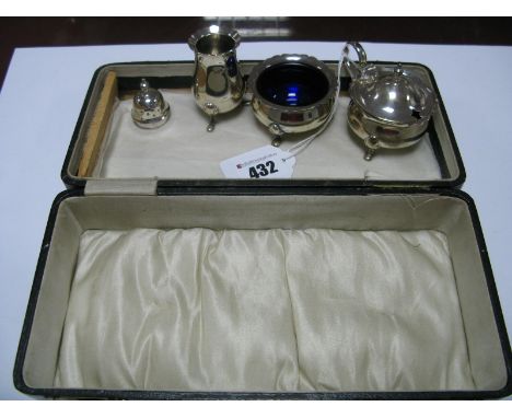A Matched Hallmarked Silver Three Piece Cruet Set, in a case (lacking interior).
