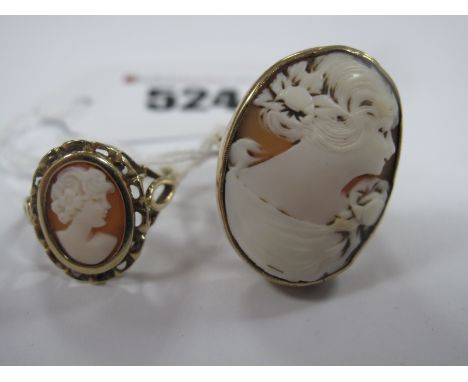 A 9ct Gold Cameo Style Ring, depicting female profile, within openwork border and shoulders; together with another similar, l