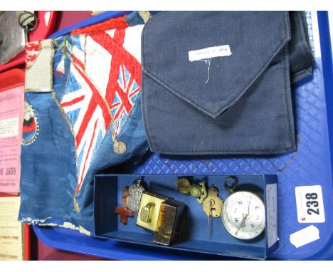 Military Interest - a silk embroidery with flags, etc, a silver A.R.P badge, a trench art ring marked 'Algiers Africa', a 194