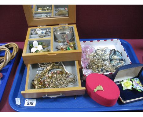 A Victorian Wide Hinged Bangle, of Aesthetic style, a similar hallmarked silver brooch, further costume brooches, beads, chai