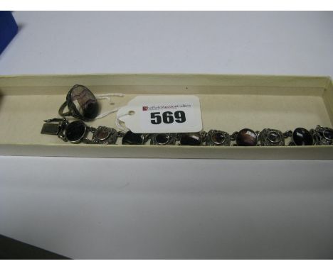 A Hallmarked Silver Blue John Inset Panel Bracelet, oval collet set with decorative panel spacers, to snap clasp; A Blue John
