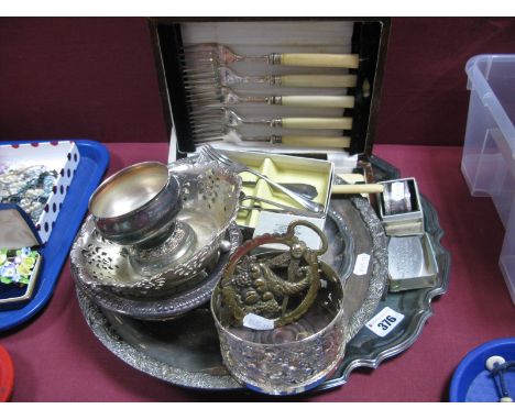 A Hallmarked Silver Napkin Ring, assorted plated ware including cased fish knives and forks, bottle coaster, dishes, Masonic 
