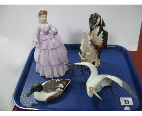 Goebel Great Spotted Woodpecker, Worcester 'Sincerity' figure, Coalport A.S.P.B bird, Lladro wading bid wings outstretched.