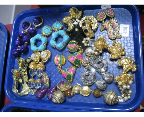 A Small Selection of Ornate Vintage Style Clip earrings, including a pair of shell decorated sea horse drops, ornate sequin d