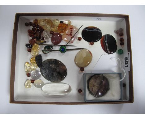 A Large Circular Blue John Panel Brooch, collet set; together with a collection of oval hardstone panels (unmounted), loose b