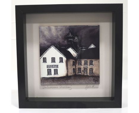 'DALWHINNIE DISTILLERY' CERAMIC TILE BY IONA MACKELLAR-BRUCEsigned and titled in pencil to the mount, in box frame with easel