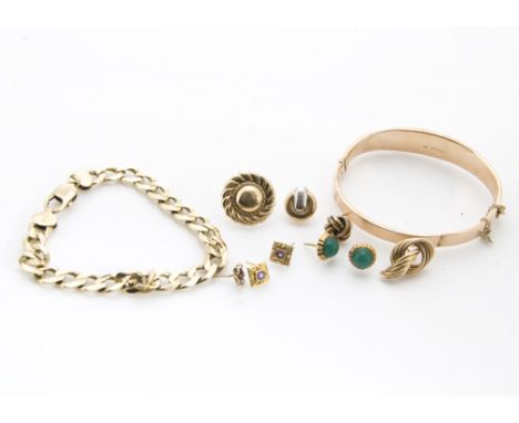 A 9ct gold bangle, a 9ct gold curb link bracelet, a pair of continental green paste ear studs, a pair of amethyst ear studs a