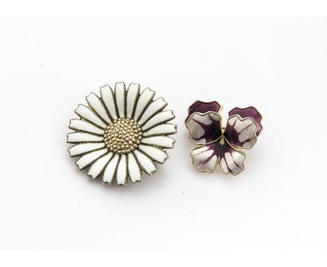 Anton Michelsen silver and enamel daisy brooch, marked to back together with a David Andersen silver and enamel orchid brooch