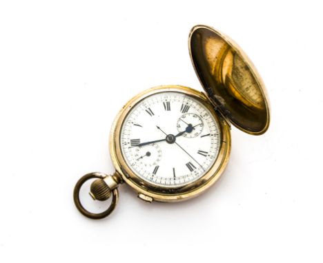 An early 20th century gold plated full hunter pocket watch with stopwatch facility, white enamel dial with subsidiary seconds