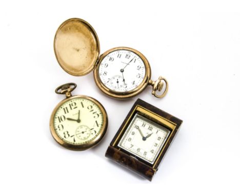 Two early 20th century gold plated pocket watches, one an open faced Elgin, the other a full hunter by Waltham, both appear t