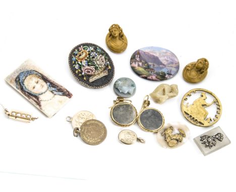 A small collection of 19th Century jewels, including a micro mosaic oval floral plaque, an enamel oval panel with painted sce