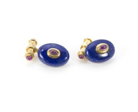 A modern pair of gilt lapis lazuli and&nbsp;natural ruby&nbsp;cufflinks