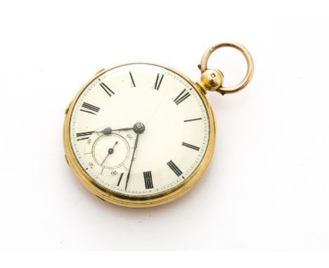 A Victorian 18ct gold open faced pocket watch by G. Blackhurst &amp; Son of Warrington, Chester 1857, enamel dial, cracked, w