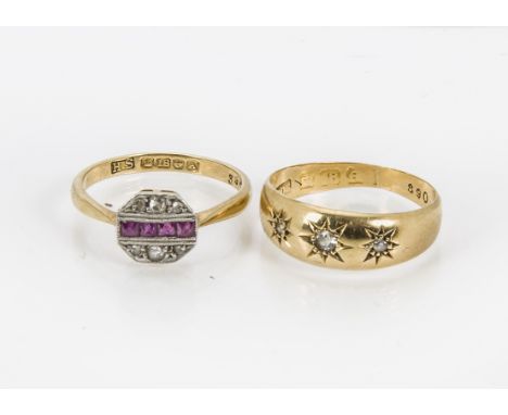 A Victorian 18ct gold and three stone signet ring, together with an Edwardian diamond and ruby ring on an 18ct gold shank, 5.