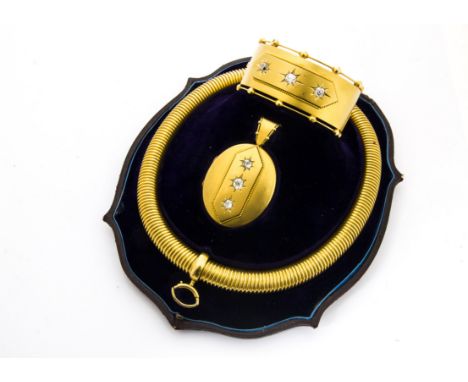 A Victorian suite of gold and diamond jewels, comprising a slave bangle set with three gypsy set old cut diamonds, a matching