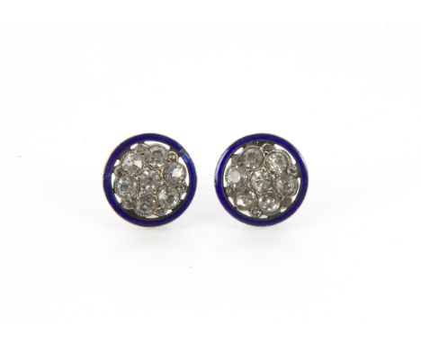 A pair of 19th Century silver and paste earrings, heightened with enamel border, AF, probably once buttons but now with post 