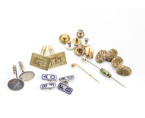 A pair of silver gilt cufflinks, a collection of gold dress studs 4g, a pair of silver and enamel cufflinks and various other