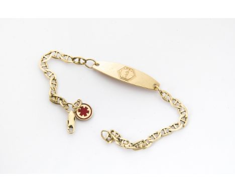A yellow metal medical identity bracelet, 9.8g, marked 10k, marked Megan Claxton Taking Warfarin under panel 